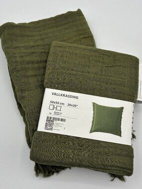 NEW Ikea Vallkrassing 20x20 Pillow Covers Lot of 2 Green Cotton Gauze Fringe
